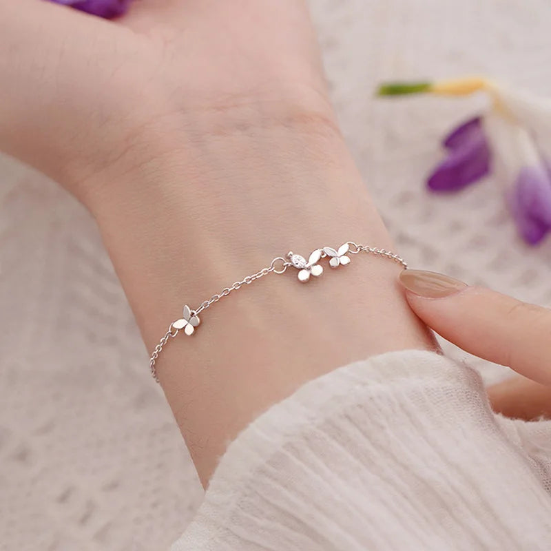 Schmetterlings-Blumen-Armband für Damen, S925-Silber, verstellbar