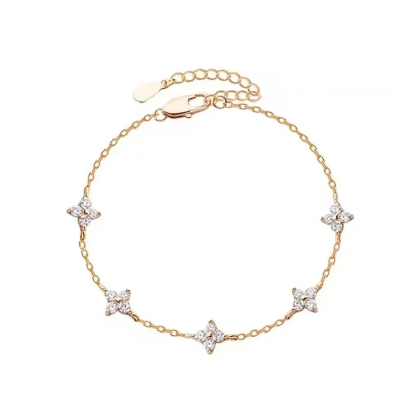 Zirkon-Armband mit vierblättriger Blume für Damen, Gold, Edelstahl