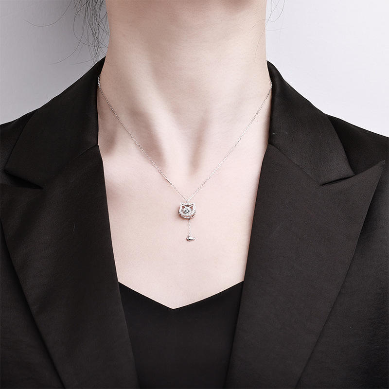 Katzenanhänger-Halskette & Fisch aus 925er Sterlingsilber mit Moissanit